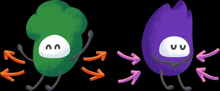 Two characters: one throws its arms wide with arrows pointing outward, the other hugs itself calmly with arrows pointing inward