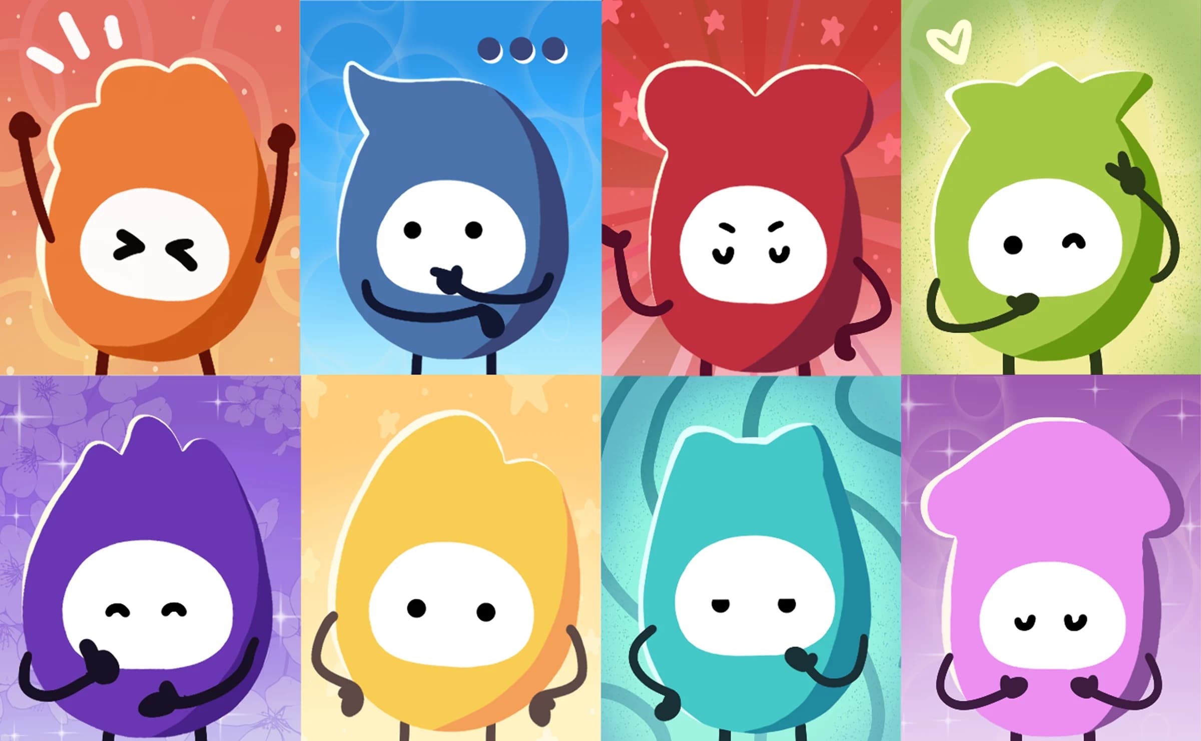 Eight MBTI Project characters, each on its own colourful background