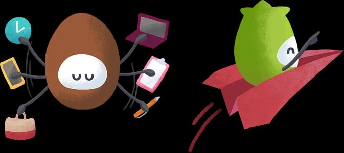Two characters: one juggling a clock, laptop, phone, clipboard and bag, the other gliding off on a paper plane