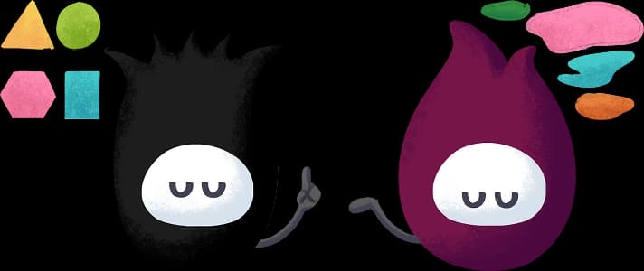 Two characters: one beside neat, distinct shapes, the other beside loose, flowing patches of colour