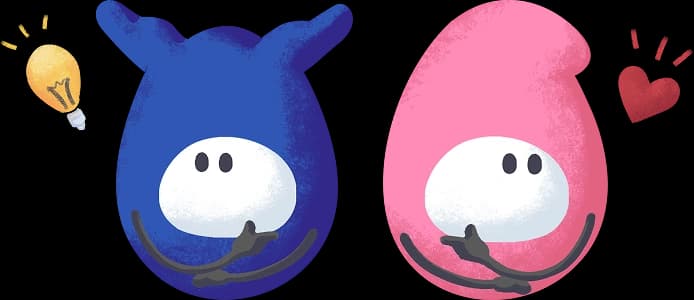 Two characters deep in thought: one beside a light bulb, the other beside a heart